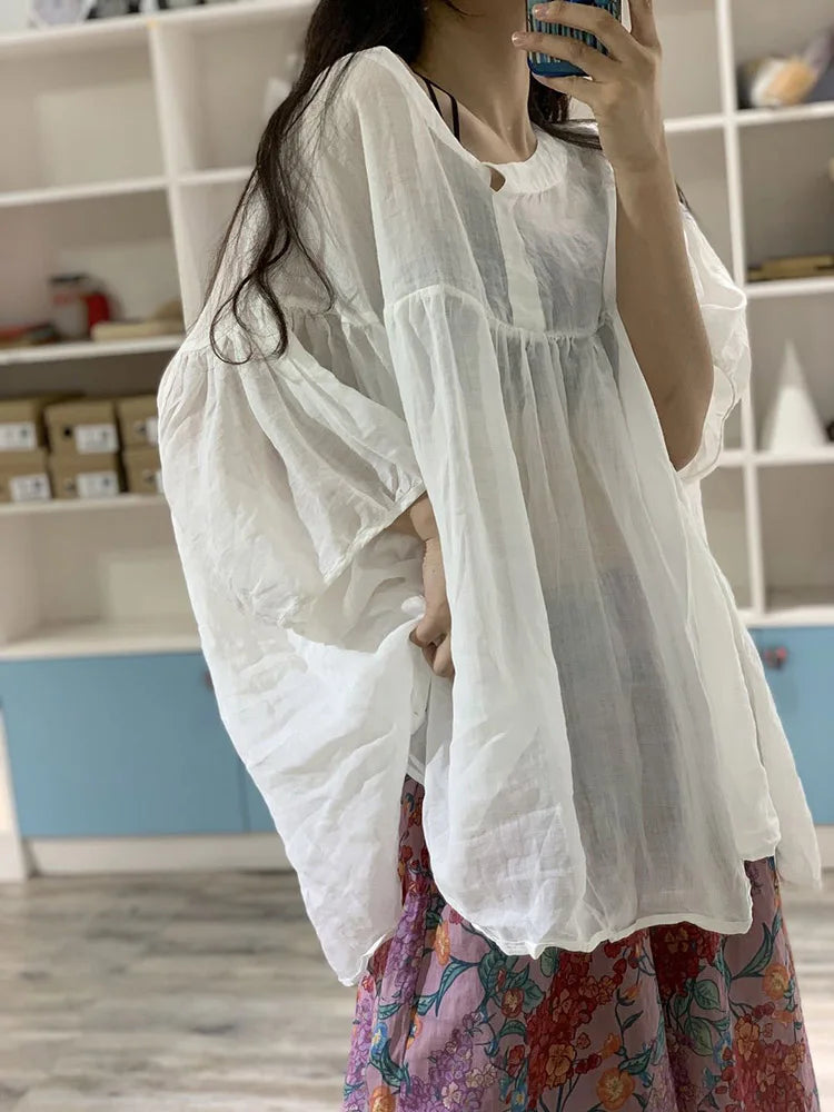 Summer Loose Shirt Women Tops Cotton Linen Pleated Ladies Blouses Casual Fashion Woman Shirt Tops 2023