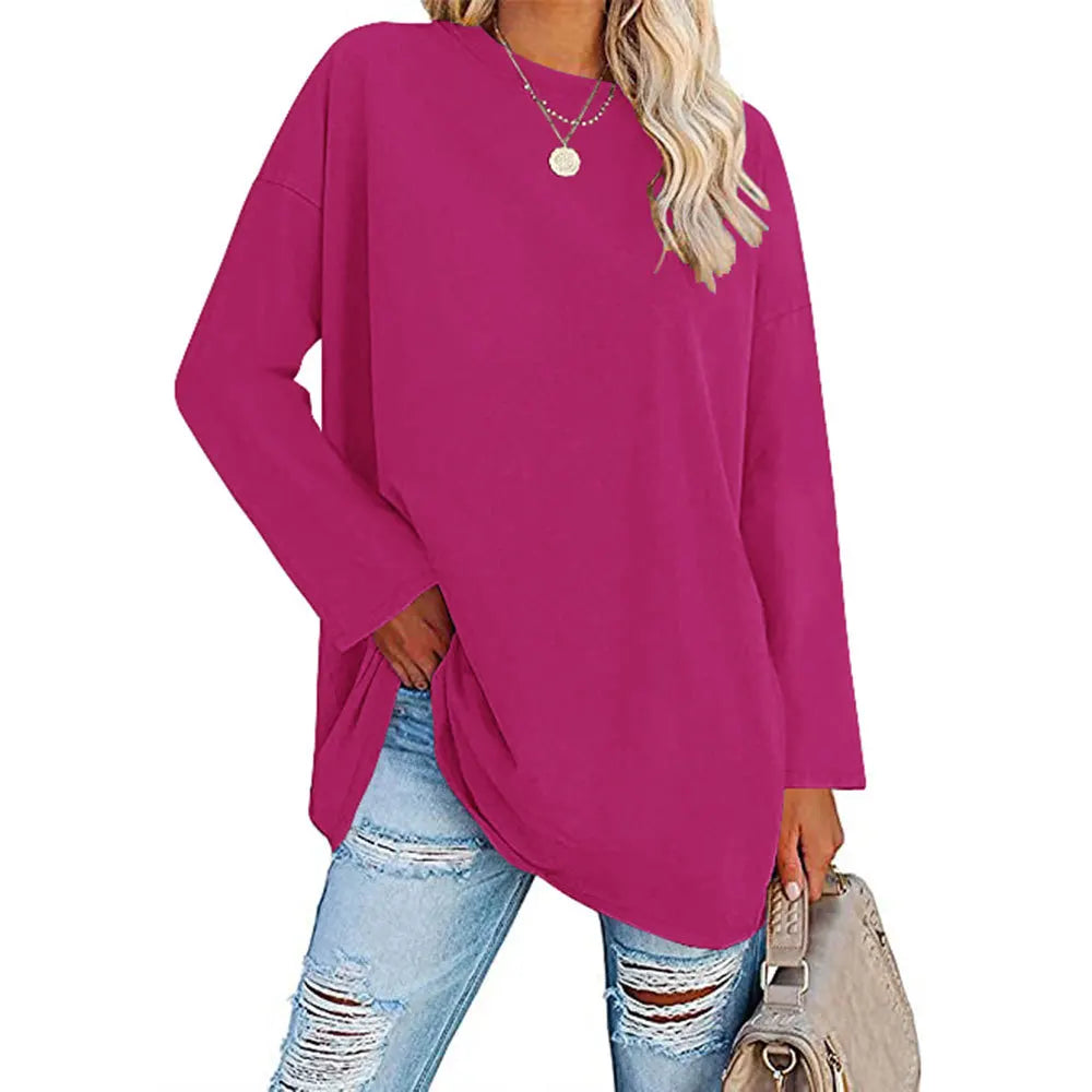 Womens Spring and Autumn New Crew Neck T Shirt Solid Color Splicing Loose Large Size Comfortable Soft Versatile Long Sleeves Top