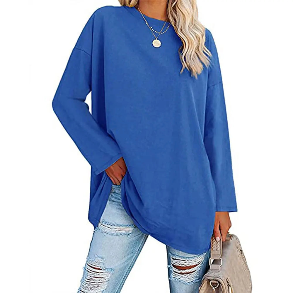 Womens Spring and Autumn New Crew Neck T Shirt Solid Color Splicing Loose Large Size Comfortable Soft Versatile Long Sleeves Top