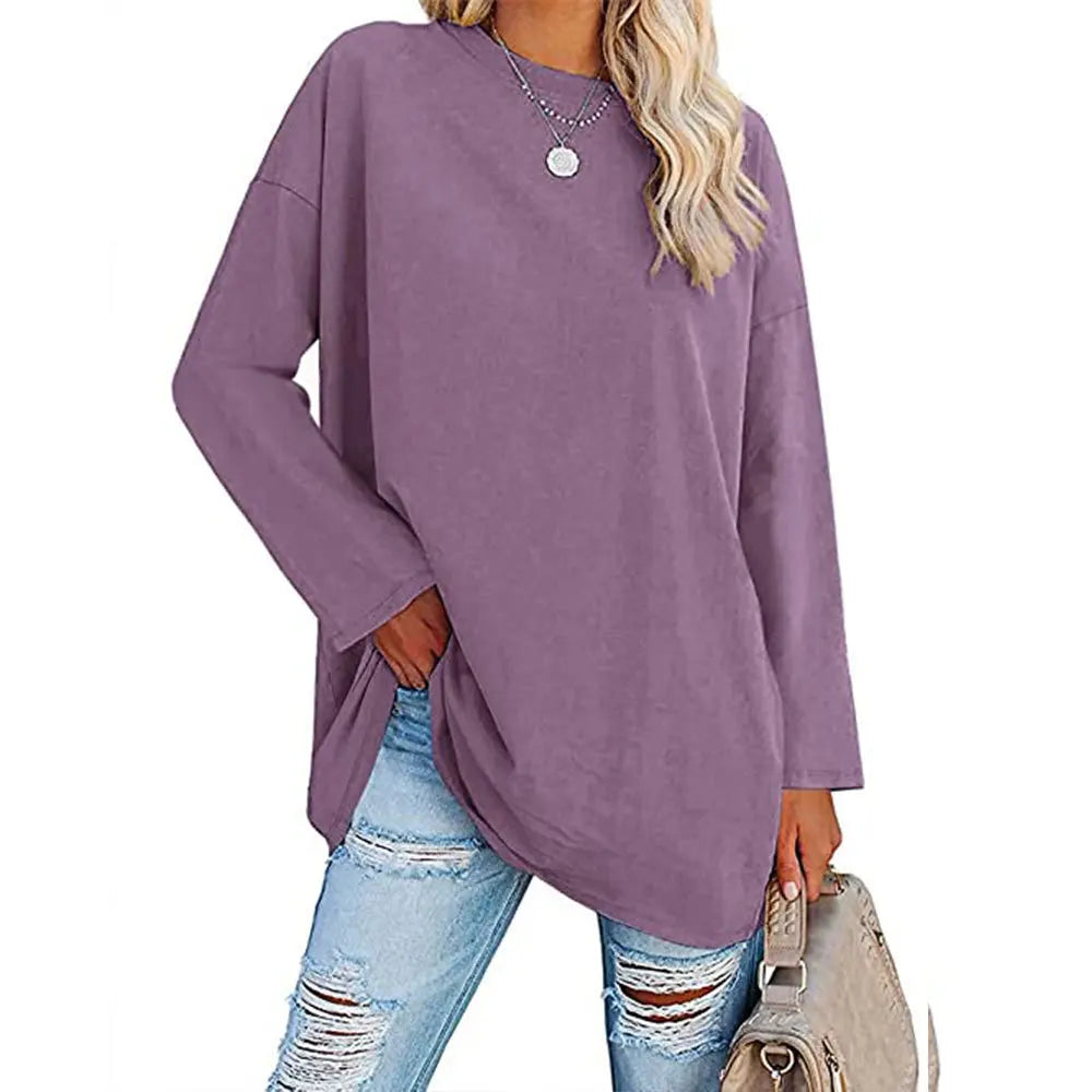 Womens Spring and Autumn New Crew Neck T Shirt Solid Color Splicing Loose Large Size Comfortable Soft Versatile Long Sleeves Top