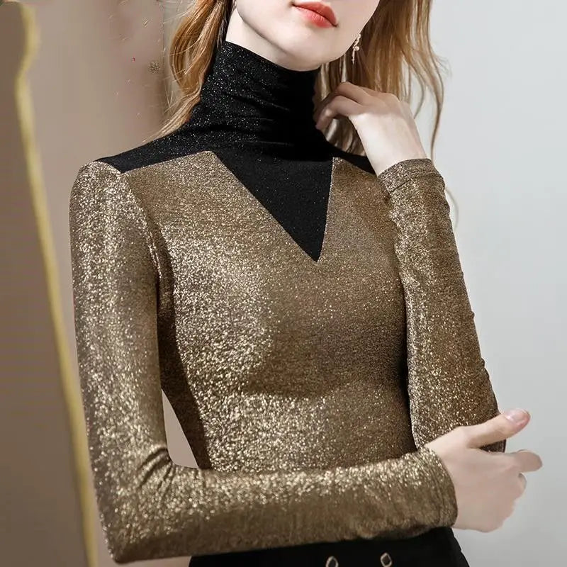 Women's Autumn Casual Simplicity Turtleneck Long Sleeve T-Shirt Women Clothes Fashion Slim All-match Elegant Temperament Tops