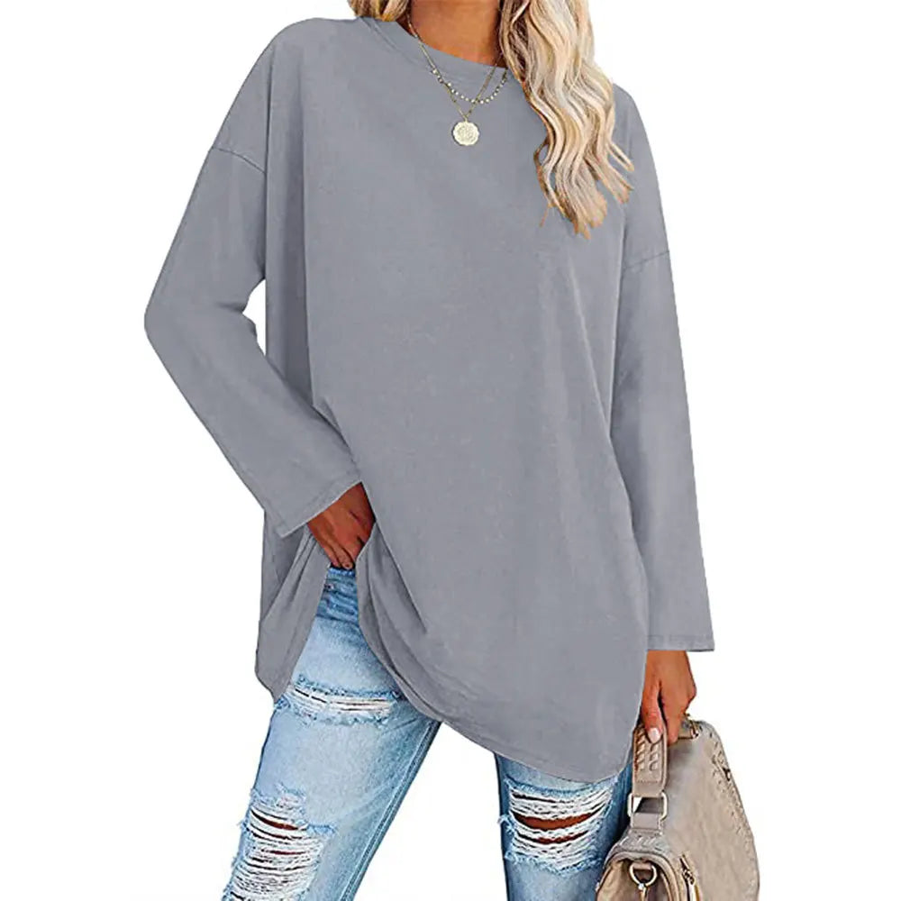 Womens Spring and Autumn New Crew Neck T Shirt Solid Color Splicing Loose Large Size Comfortable Soft Versatile Long Sleeves Top