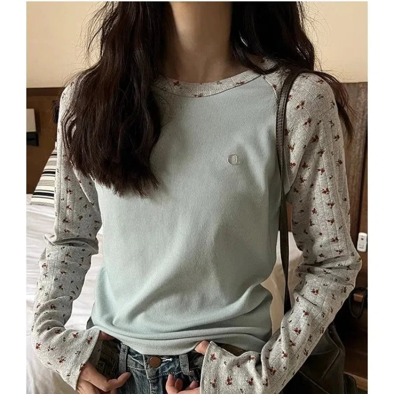 Spring Autumn New Fashion Round Neck Long Sleeve T-Shirts Women's Clothing Patchwork Floral Casual Loose Simplicity Trend Tops