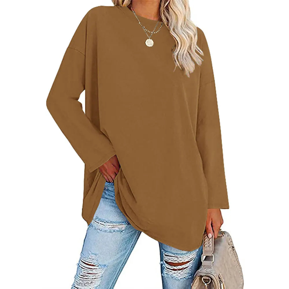 Womens Spring and Autumn New Crew Neck T Shirt Solid Color Splicing Loose Large Size Comfortable Soft Versatile Long Sleeves Top