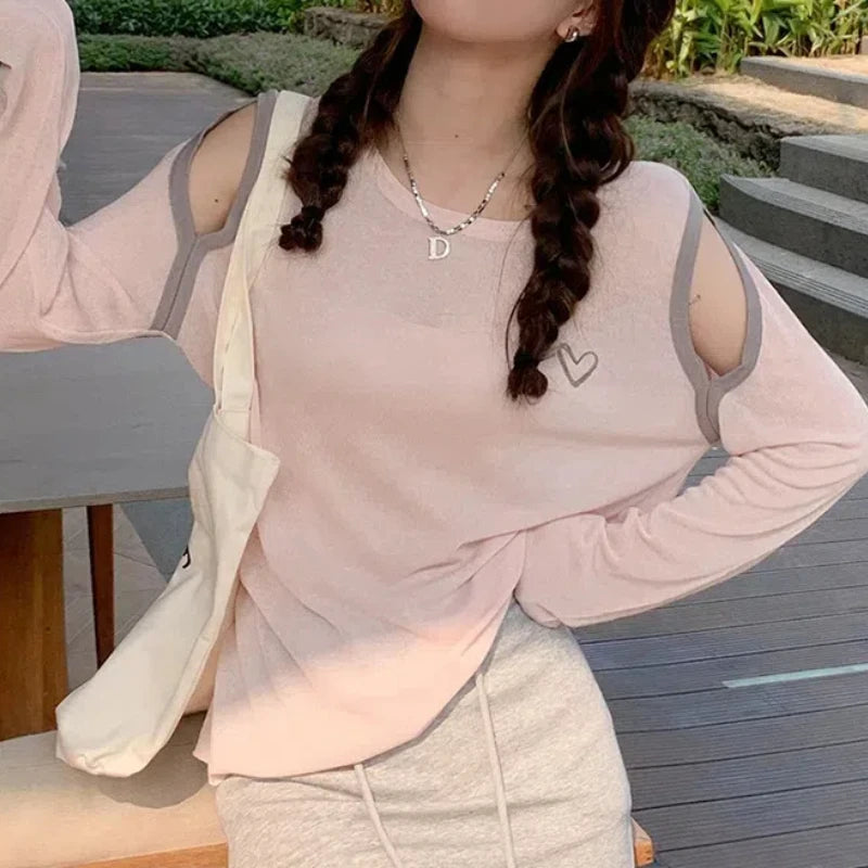 Women's Clothing Summer Pullover Geometric Long Sleeve Hollow Out Round Neck Embroidery Contrast Color T-shirt Comfortable Tops
