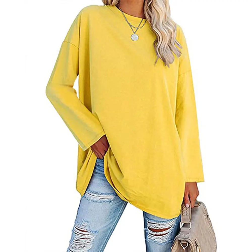 Womens Spring and Autumn New Crew Neck T Shirt Solid Color Splicing Loose Large Size Comfortable Soft Versatile Long Sleeves Top