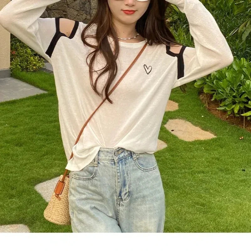 Women's Clothing Summer Pullover Geometric Long Sleeve Hollow Out Round Neck Embroidery Contrast Color T-shirt Comfortable Tops