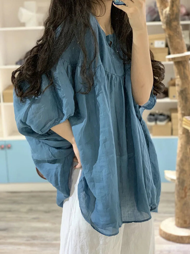 Summer Loose Shirt Women Tops Cotton Linen Pleated Ladies Blouses Casual Fashion Woman Shirt Tops 2023