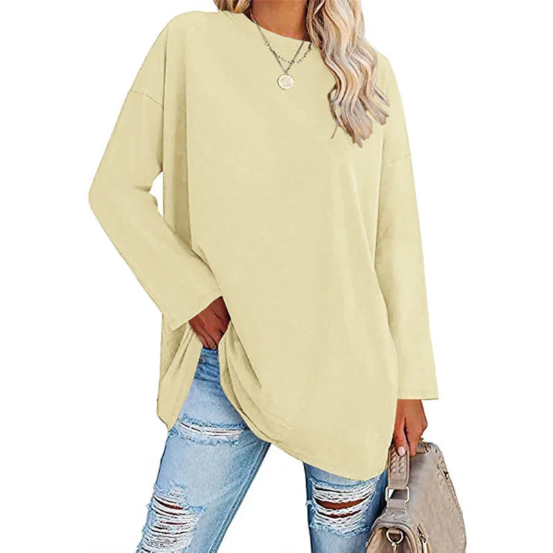 Womens Spring and Autumn New Crew Neck T Shirt Solid Color Splicing Loose Large Size Comfortable Soft Versatile Long Sleeves Top