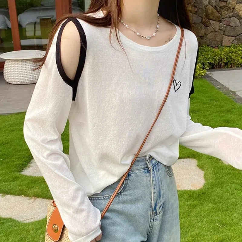 Women's Clothing Summer Pullover Geometric Long Sleeve Hollow Out Round Neck Embroidery Contrast Color T-shirt Comfortable Tops