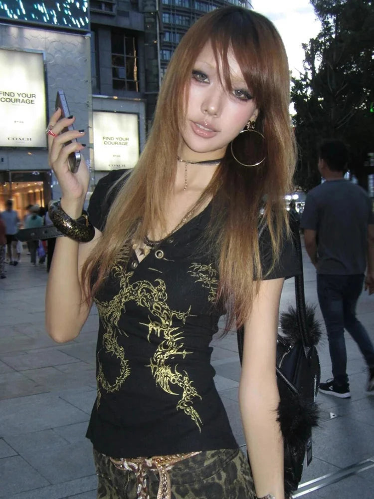 Backless T-Shirts for Women Print Comfortable Chic Casual Slim Tops Spring Summer 2025 New Fashion Female Short Sleeve T-Shirts