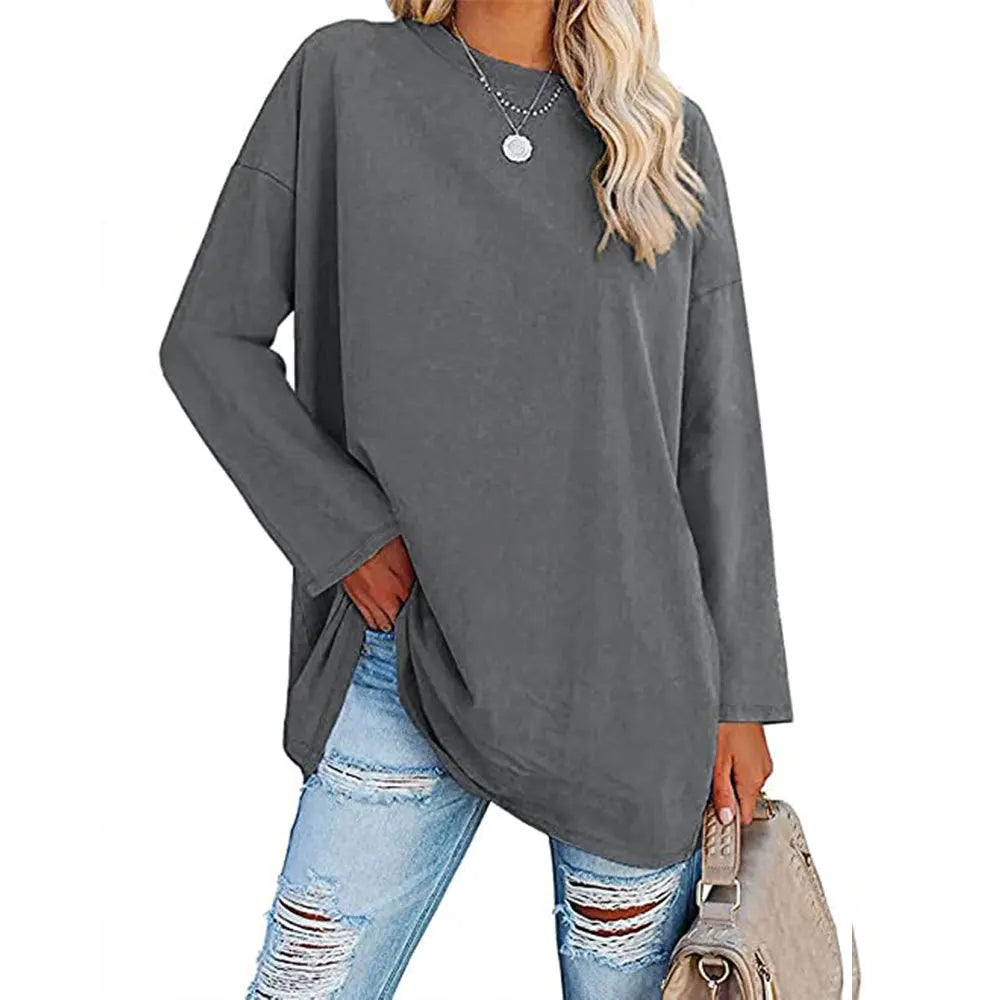 Womens Spring and Autumn New Crew Neck T Shirt Solid Color Splicing Loose Large Size Comfortable Soft Versatile Long Sleeves Top