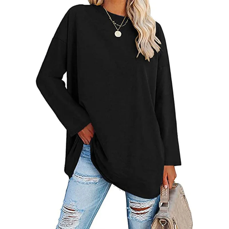 Womens Spring and Autumn New Crew Neck T Shirt Solid Color Splicing Loose Large Size Comfortable Soft Versatile Long Sleeves Top
