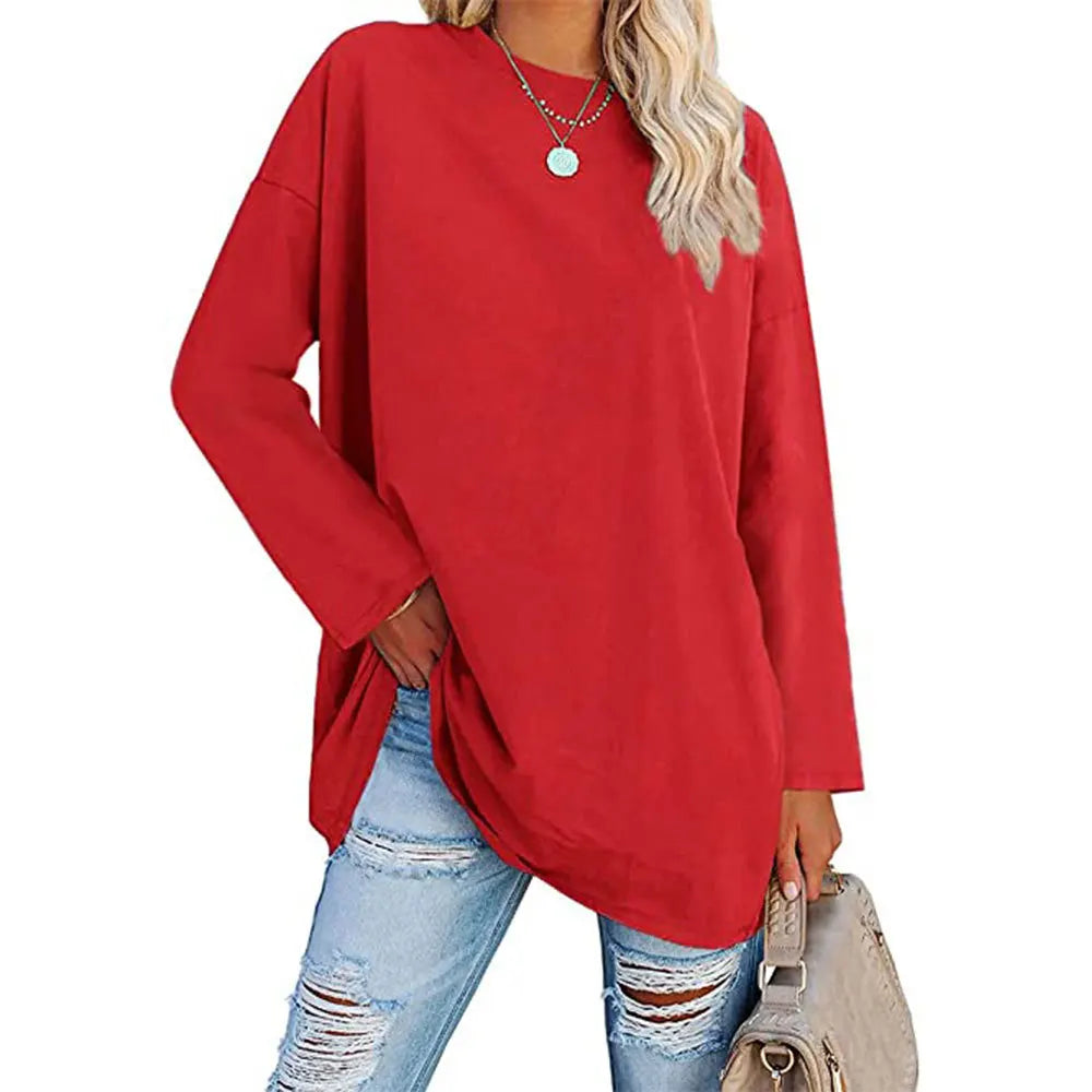 Womens Spring and Autumn New Crew Neck T Shirt Solid Color Splicing Loose Large Size Comfortable Soft Versatile Long Sleeves Top