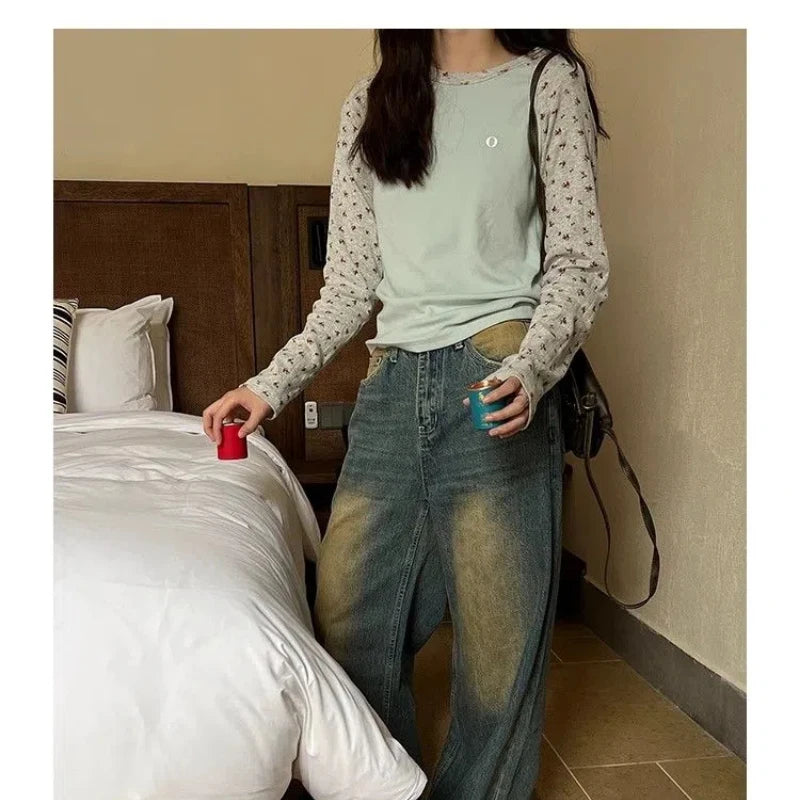 Spring Autumn New Fashion Round Neck Long Sleeve T-Shirts Women's Clothing Patchwork Floral Casual Loose Simplicity Trend Tops