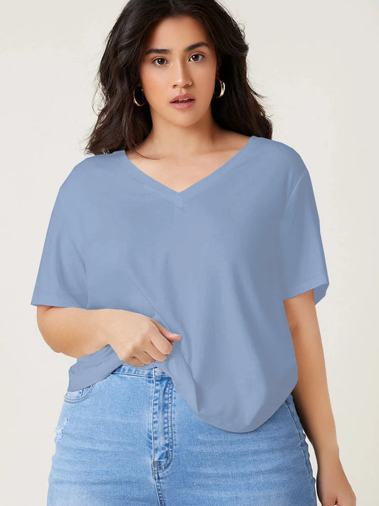 Plus Size V-neck Short Sleeve Summer Casual Top Women Drop Shoulder Loose Oversize Solid Basic T-shirt Tee Large Size 5XL 6XL 7X