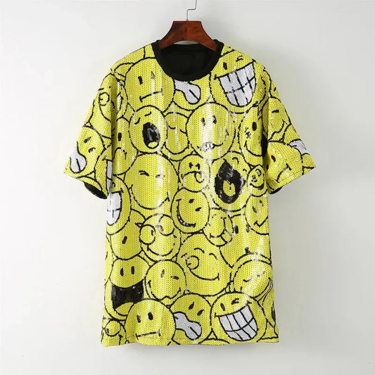 Summer Loose High Quality Female Print Short Sleeve Sequin Streetwear Fashion T-Shirt Hip Hop Night Club Women's Tops