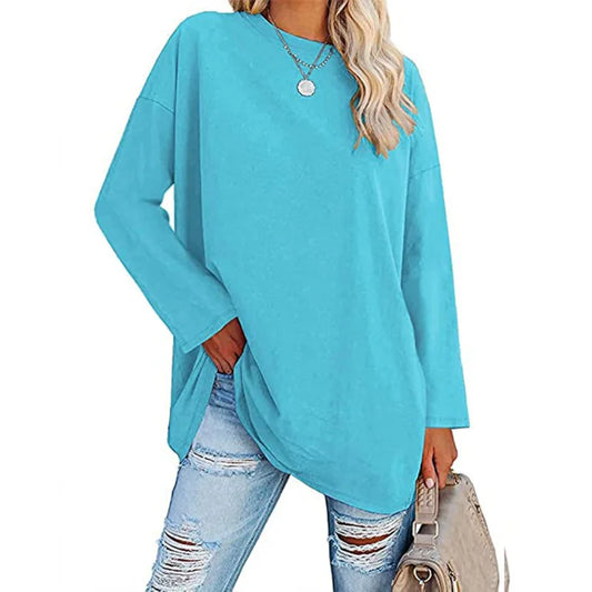 Womens Spring and Autumn New Crew Neck T Shirt Solid Color Splicing Loose Large Size Comfortable Soft Versatile Long Sleeves Top