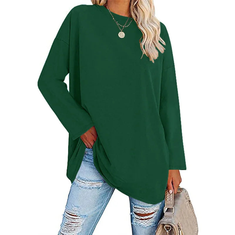 Womens Spring and Autumn New Crew Neck T Shirt Solid Color Splicing Loose Large Size Comfortable Soft Versatile Long Sleeves Top