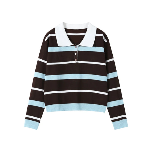 Fashion Stripe Knitted Polo Shirt for Women Casual Female Lapel Long Sleeve T-Shirt Spring Loose Lady Polo Collar Knitting Tops