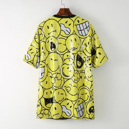Summer Loose High Quality Female Print Short Sleeve Sequin Streetwear Fashion T-Shirt Hip Hop Night Club Women's Tops