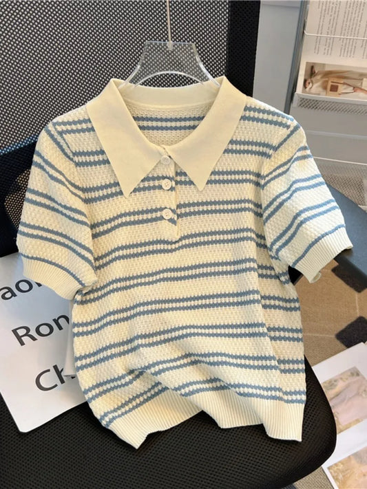 2024 Polo Neck New Womens Knitting T-Shirt Striped Short Sleeve Women T Shirt for Female Slim Tops Woman T Shirts Clothing S145