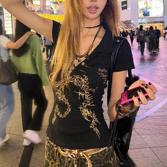 Backless T-Shirts for Women Print Comfortable Chic Casual Slim Tops Spring Summer 2025 New Fashion Female Short Sleeve T-Shirts