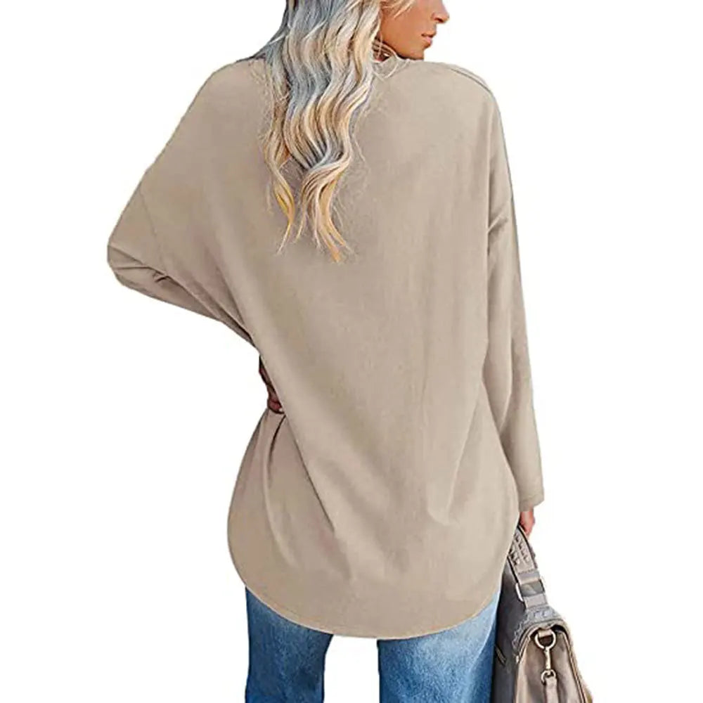 Womens Spring and Autumn New Crew Neck T Shirt Solid Color Splicing Loose Large Size Comfortable Soft Versatile Long Sleeves Top