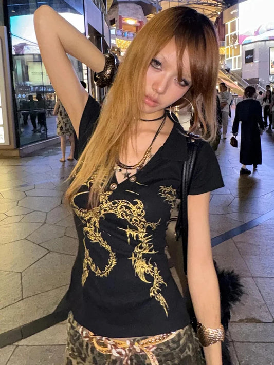 Backless T-Shirts for Women Print Comfortable Chic Casual Slim Tops Spring Summer 2025 New Fashion Female Short Sleeve T-Shirts