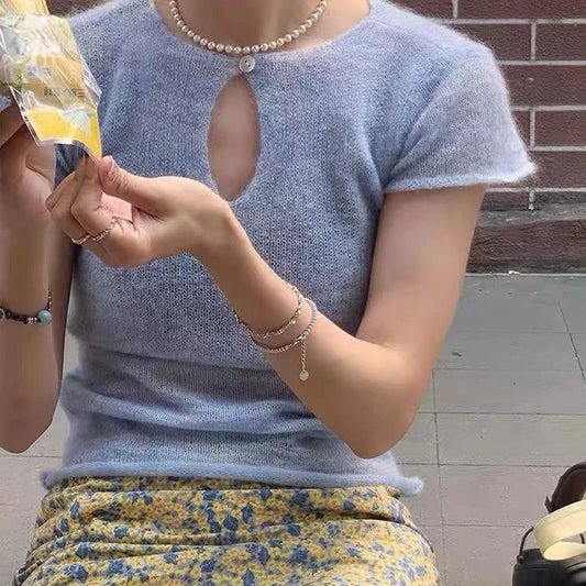 Summer Slim Knitted Short sleeve Top O Neck T Shirt Women Sweater Pullovers Fashion Elegant Chic Ladies Knitwear Jumpers