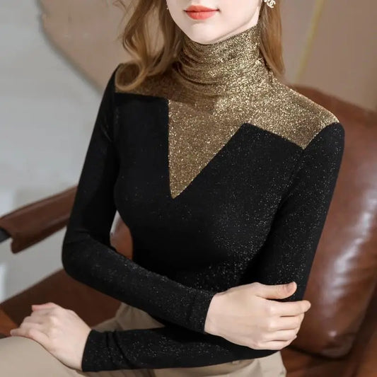 Women's Autumn Casual Simplicity Turtleneck Long Sleeve T-Shirt Women Clothes Fashion Slim All-match Elegant Temperament Tops