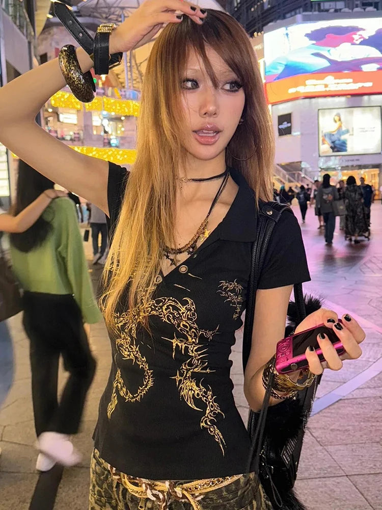 Backless T-Shirts for Women Print Comfortable Chic Casual Slim Tops Spring Summer 2025 New Fashion Female Short Sleeve T-Shirts