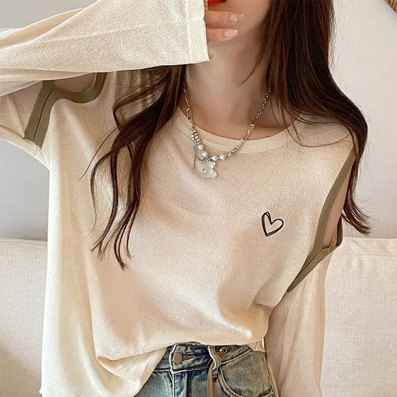 Women's Clothing Summer Pullover Geometric Long Sleeve Hollow Out Round Neck Embroidery Contrast Color T-shirt Comfortable Tops