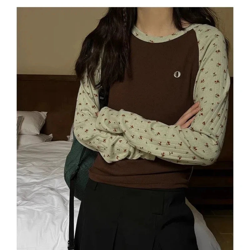 Spring Autumn New Fashion Round Neck Long Sleeve T-Shirts Women's Clothing Patchwork Floral Casual Loose Simplicity Trend Tops