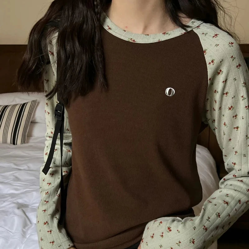 Spring Autumn New Fashion Round Neck Long Sleeve T-Shirts Women's Clothing Patchwork Floral Casual Loose Simplicity Trend Tops