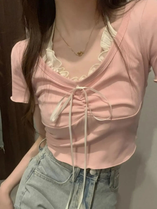 Hot Girl Fake Two-piece Lace-up Halter Neck T-shirt for Women Design Slim and Short Style