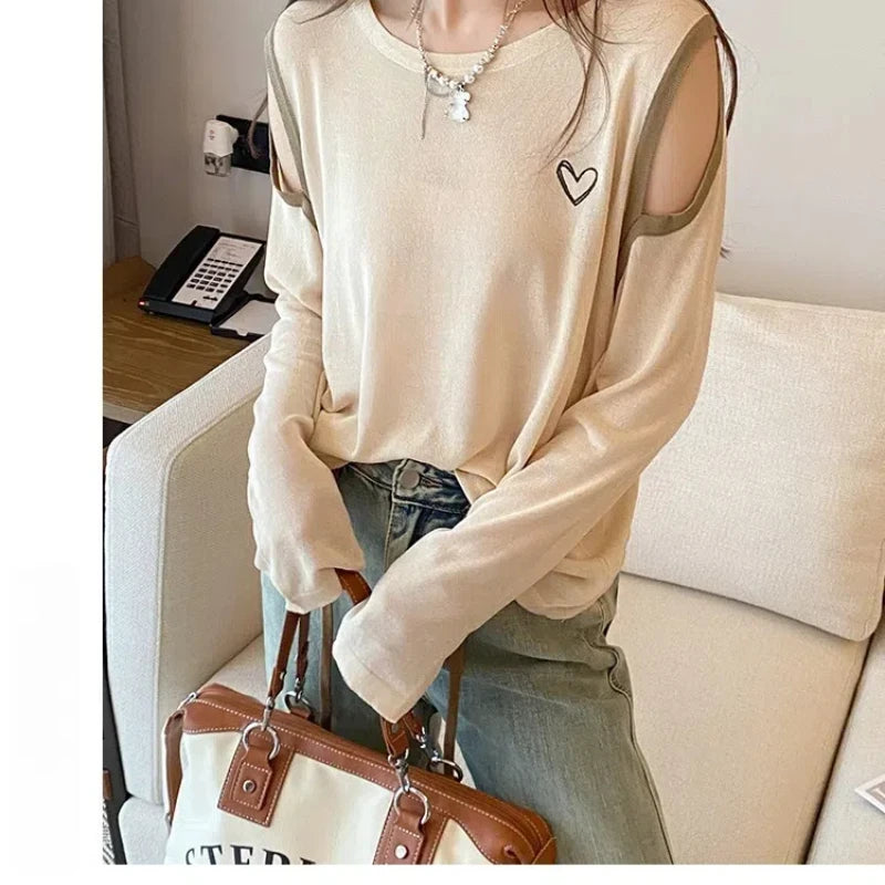 Women's Clothing Summer Pullover Geometric Long Sleeve Hollow Out Round Neck Embroidery Contrast Color T-shirt Comfortable Tops